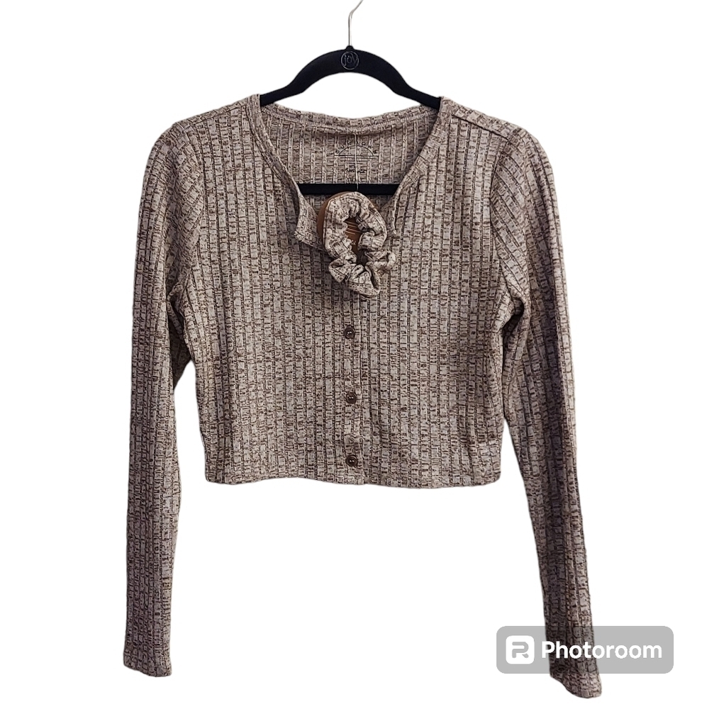 NWT SUNDOWN BY SPLENDID Cropped Button Down Long Sleeve Brown sz S Ribbed Top